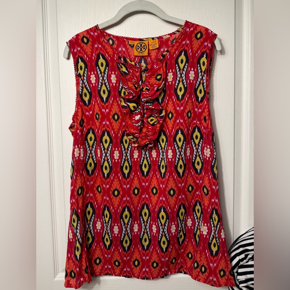 Tory Burch Red Multicolor Ikat Print Sleeveless Blous